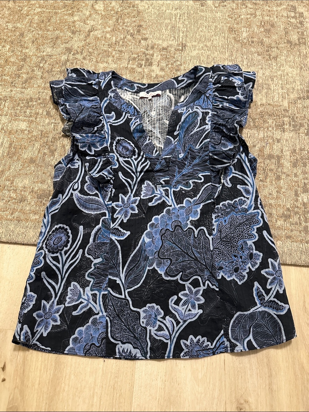 Parker Blue Floral Ruffle Sleeve V-Neck Top